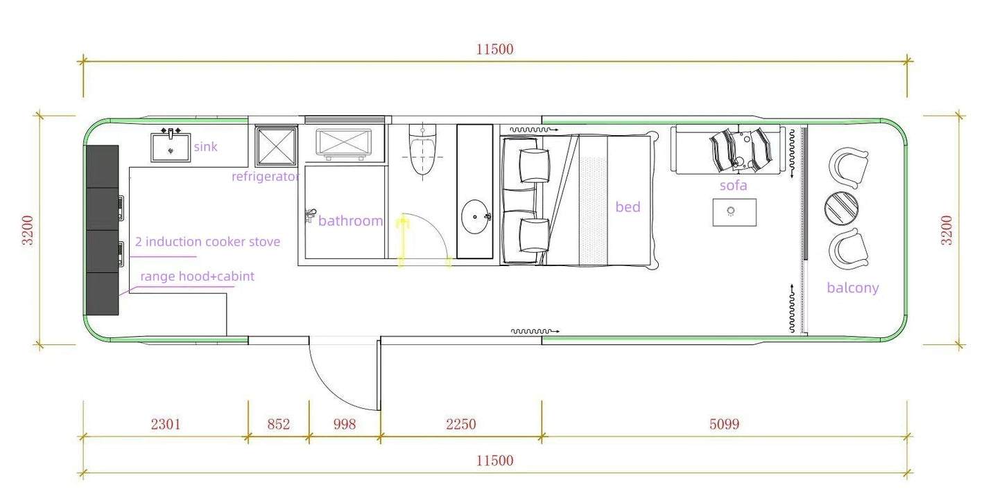 Casa Cápsula E7 com 2 camas, 1 banheiro e varanda