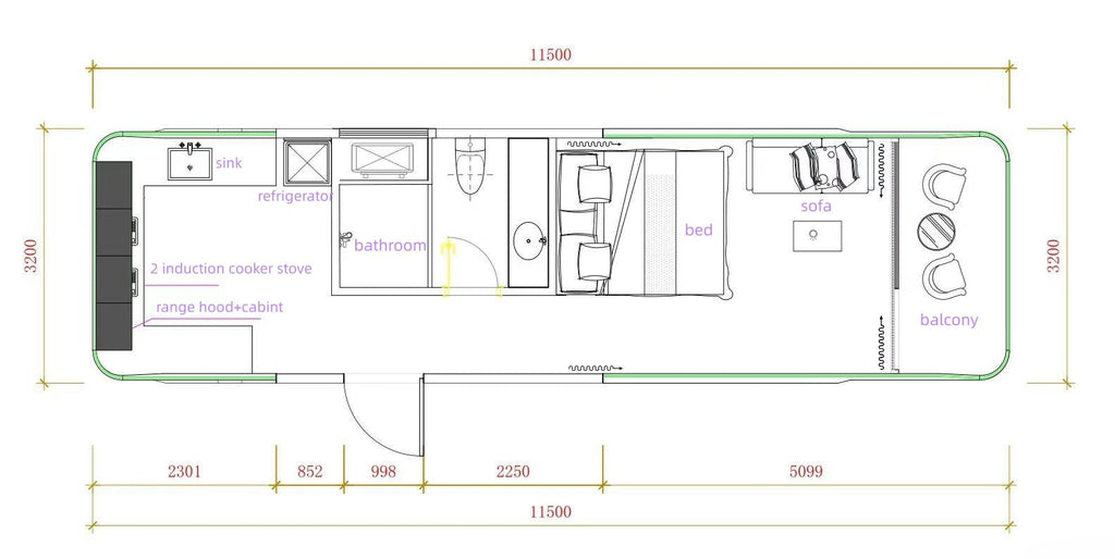 Casa Cápsula E7 com 2 camas, 1 banheiro e varanda