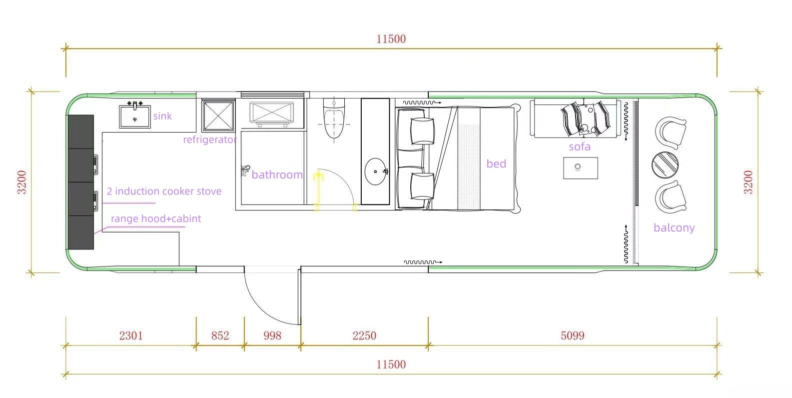 Casa Cápsula E7 com 2 camas, 1 banheiro e varanda